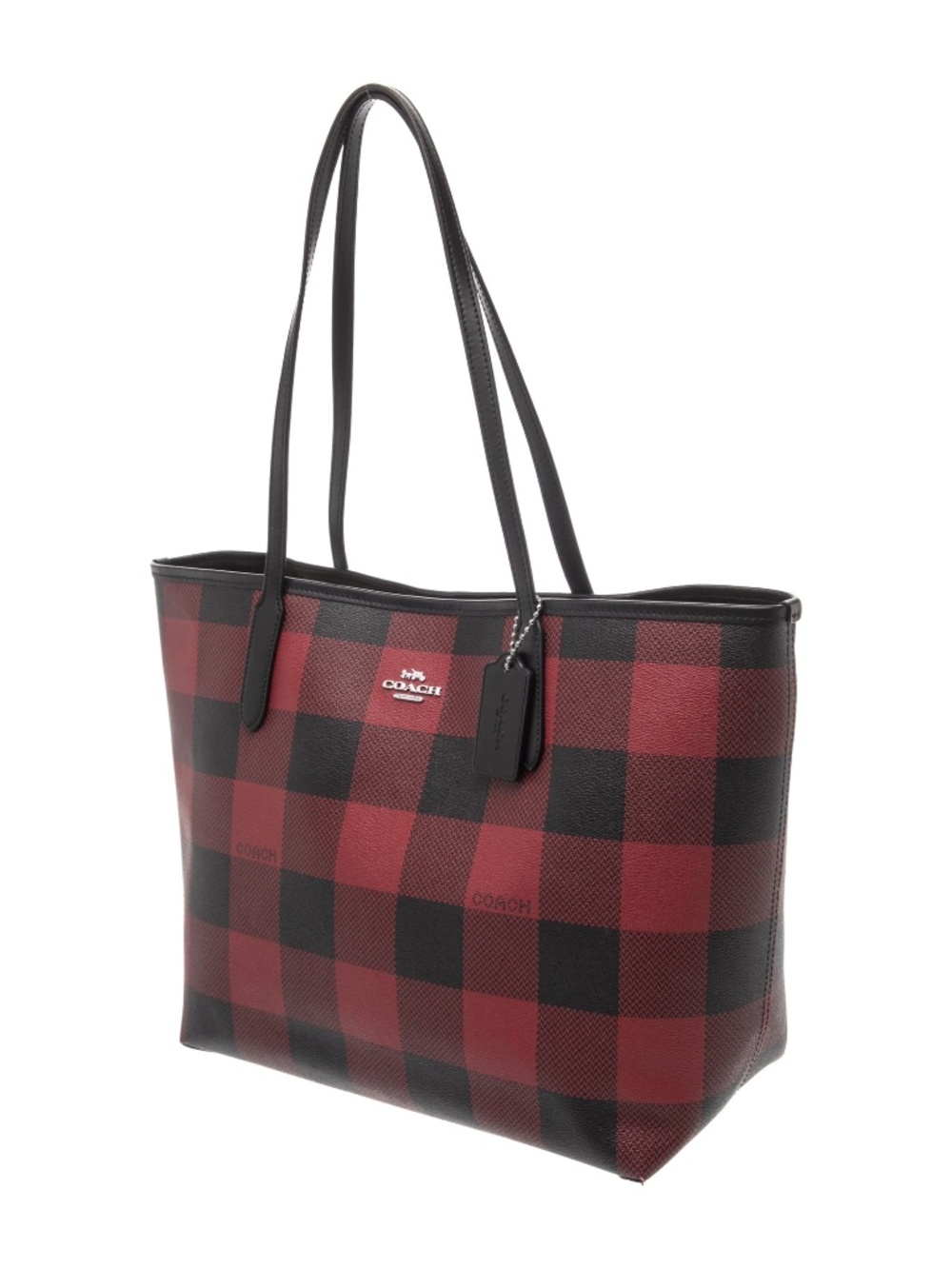 Coach City Tote Handbag Buffalo plaid print Coated Canvas Black Red